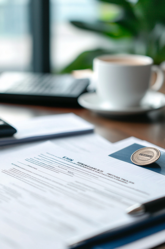 Official business document with gold seal and coffee cup on desk