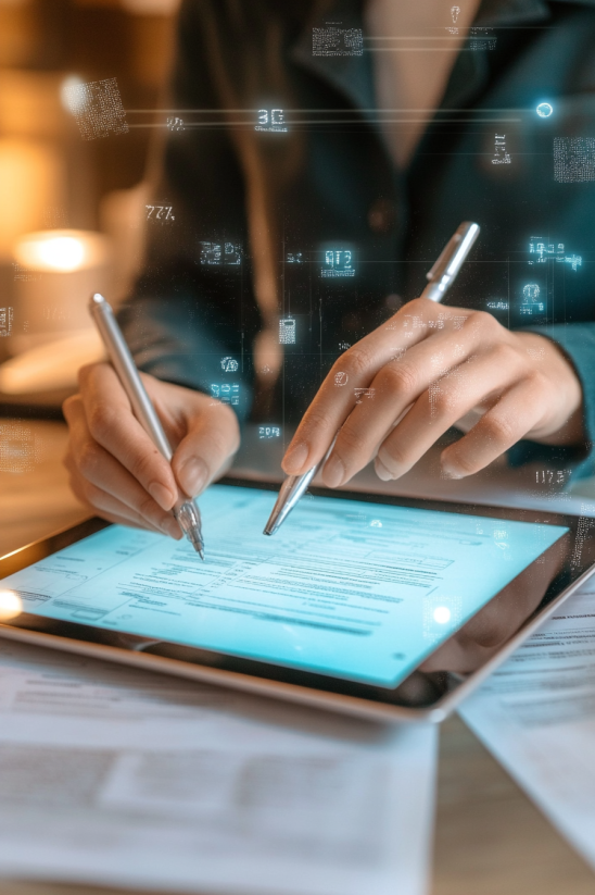 Business professional filling out digital form on tablet with stylus